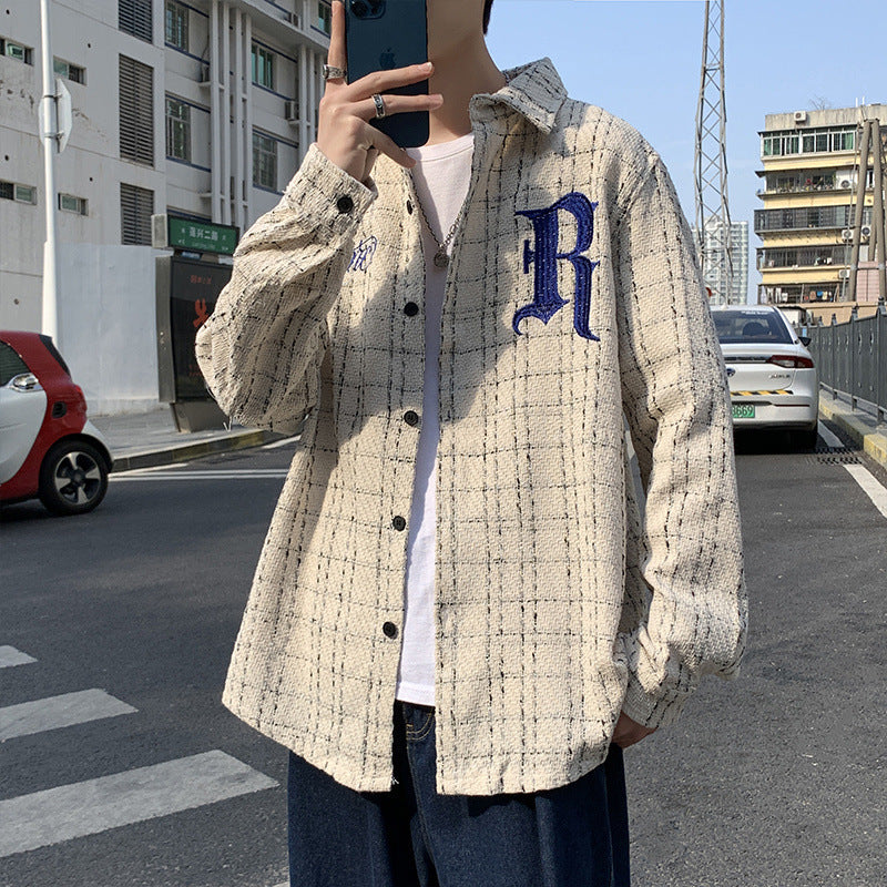 Plaid Embroidered Long Sleeve Shirt - Unisex Casual Style
