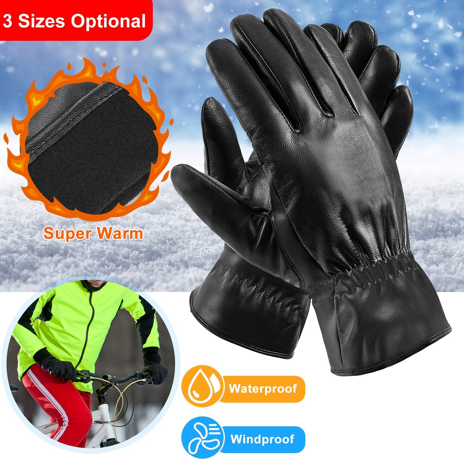 Winter Leather Gloves - Windproof & Waterproof for Cycling, Skiing & Driving