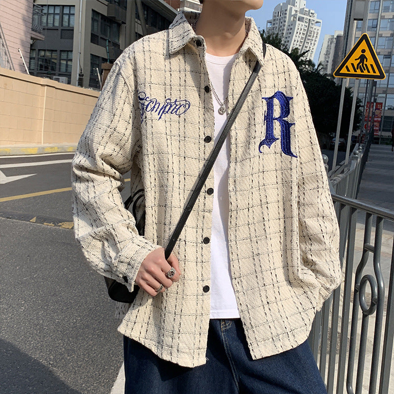 Plaid Embroidered Long Sleeve Shirt - Unisex Casual Style