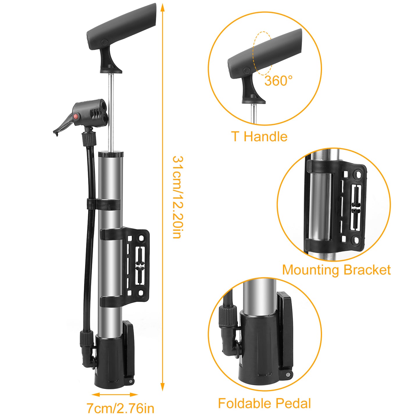 Mini Bike Inflator - Portable Bicycle Tire Pump with Frame Mount